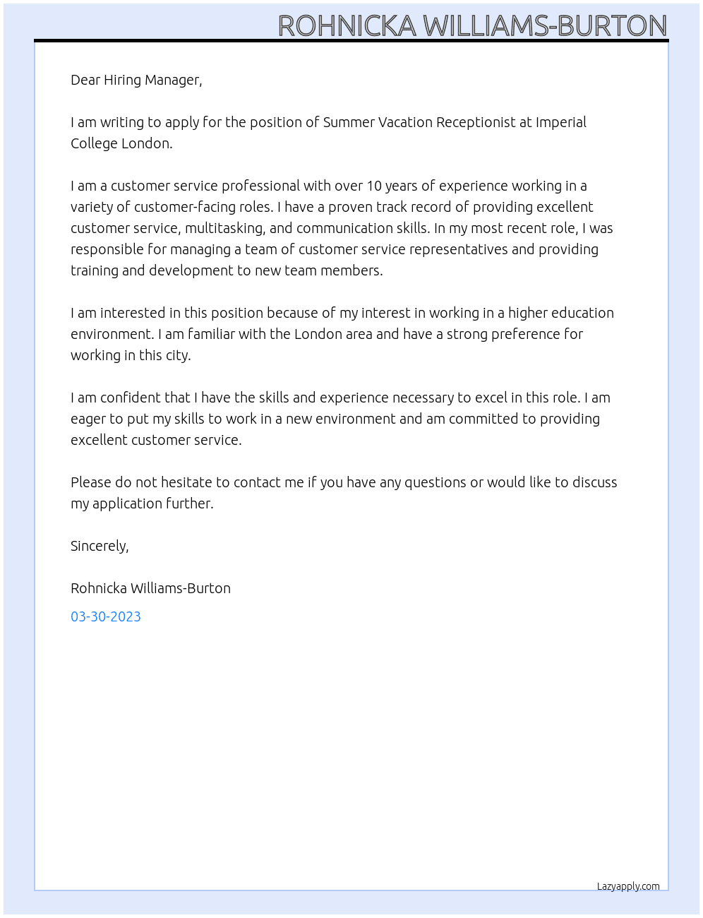 Summer Vacation Receptionist At Imperial College London Cover Letter