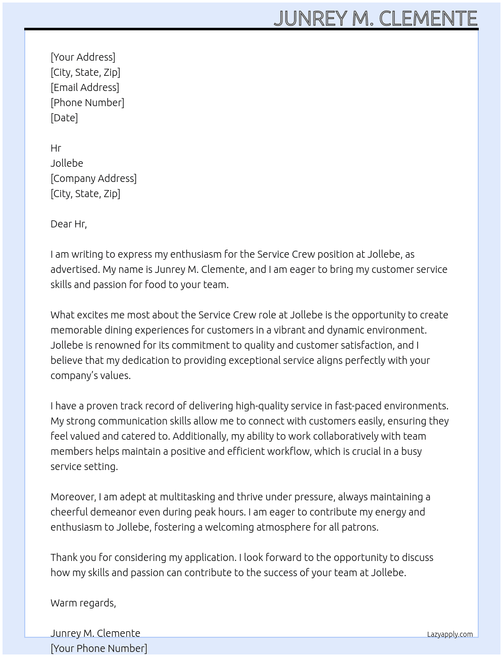 Service Crew  At Jollebe  Cover Letter