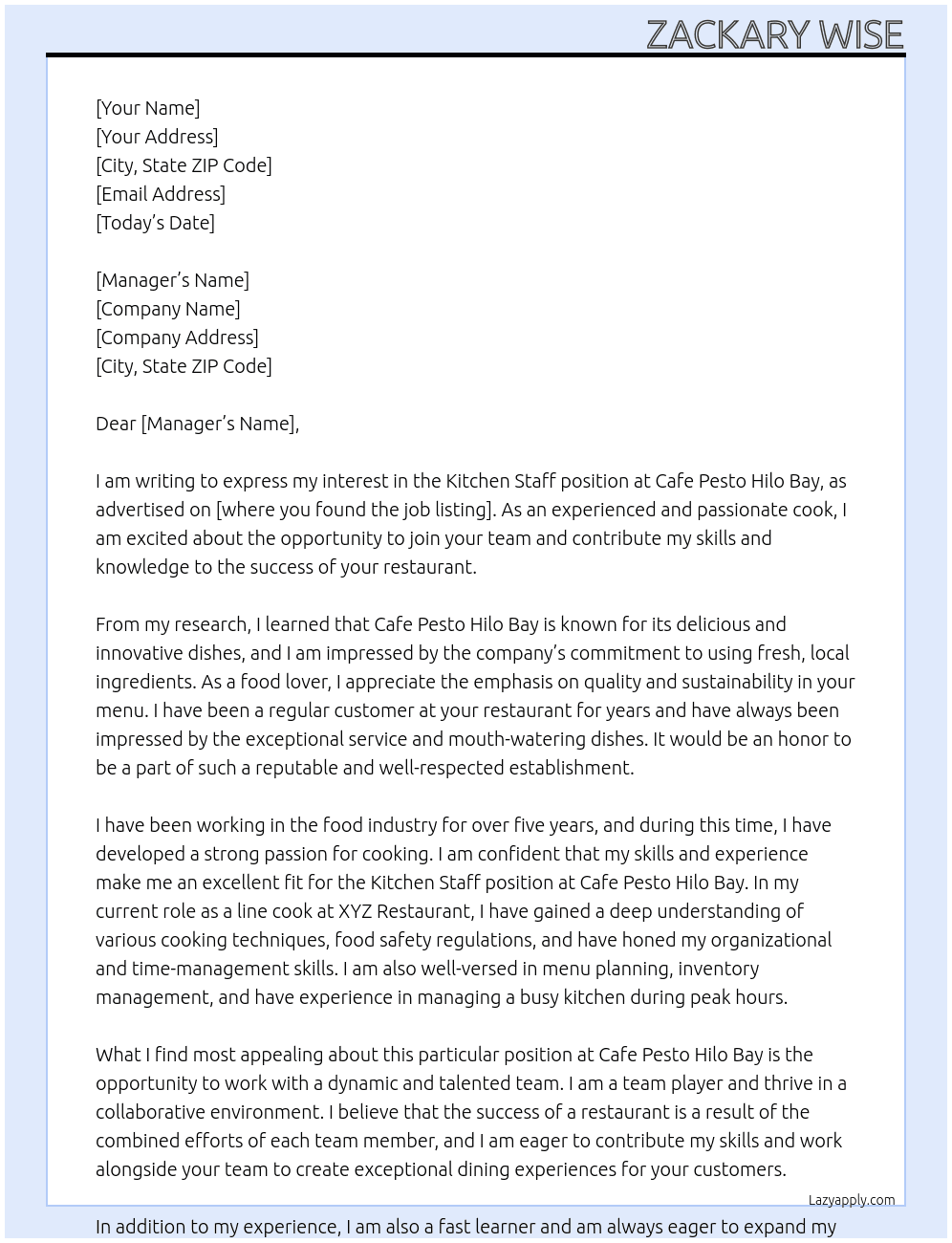 Kitchen Staff  At Cafe Pesto Hilo Bay Cover Letter
