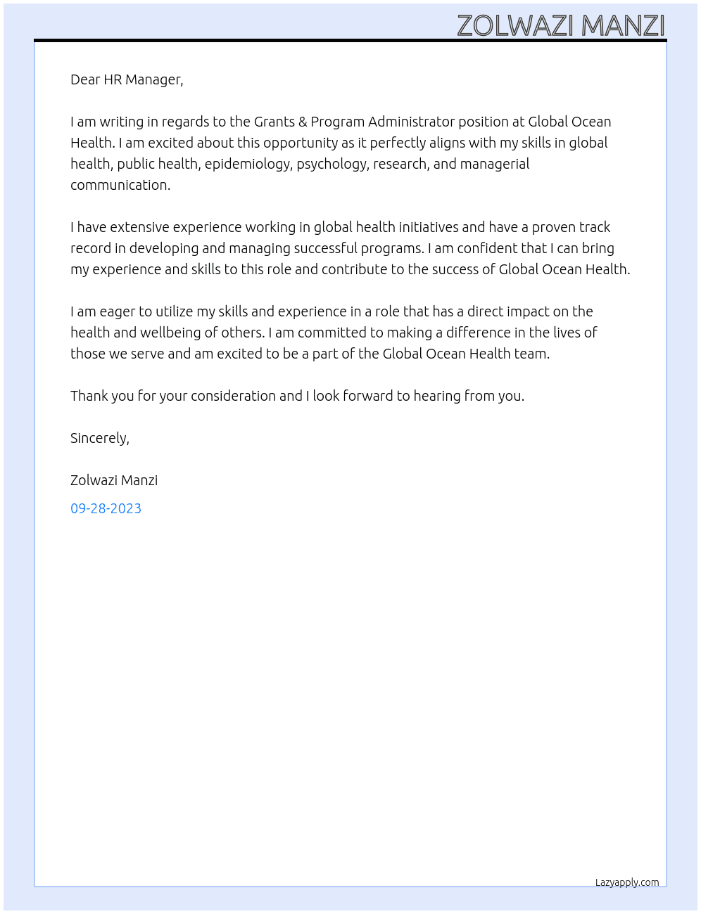 Grants & Program Administrator At Global Ocean Health Cover Letter