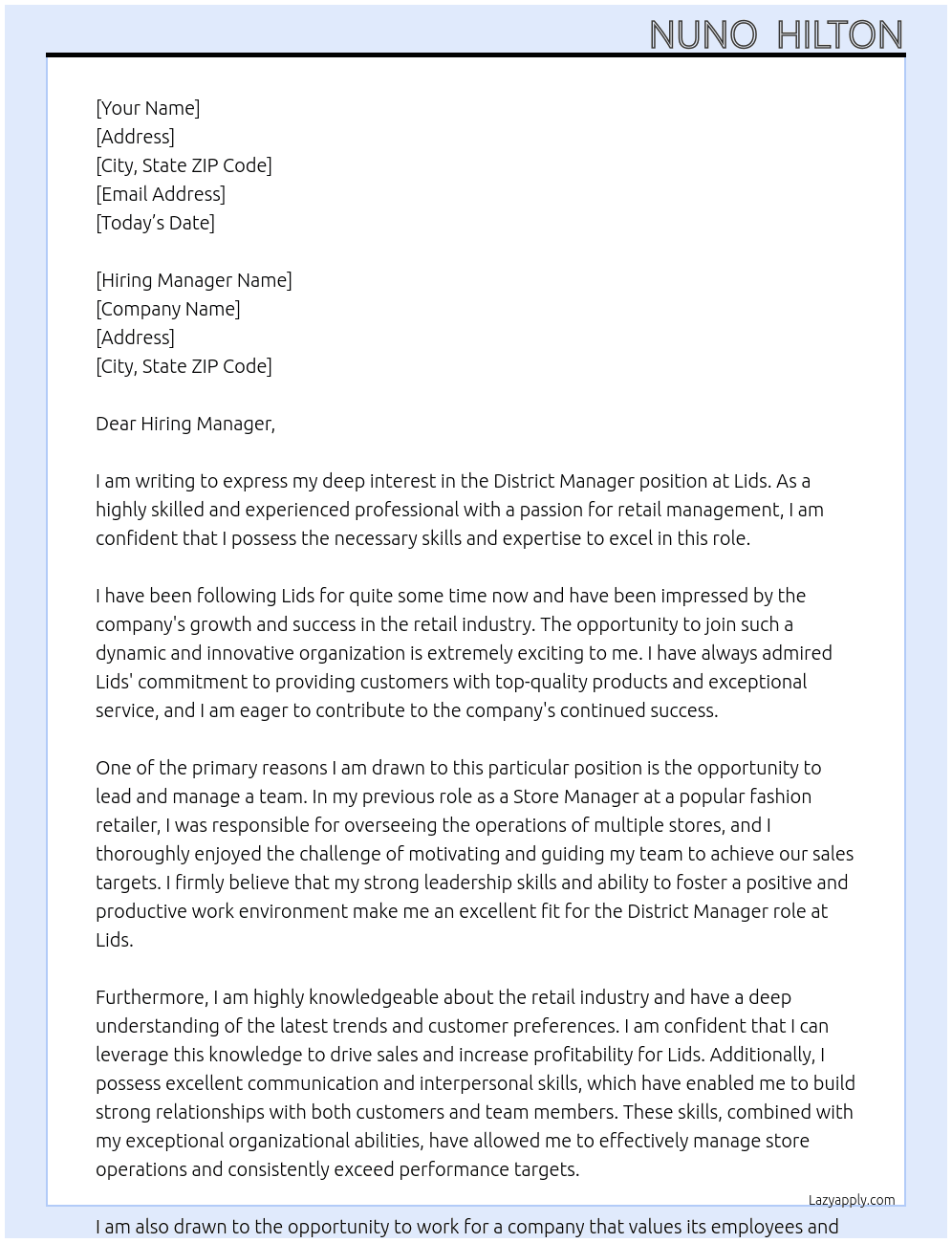 District Manager At Lids Cover Letter