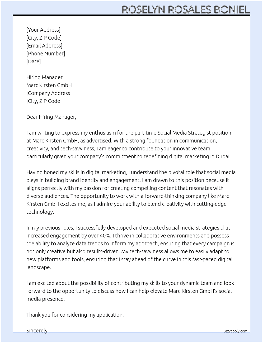 Social Media Strategist - Part Time At Marc Kirsten GmbH Cover Letter