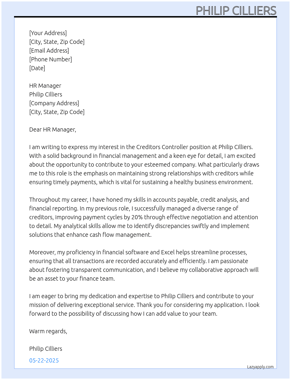 creditors controler At Philip Cilliers Cover Letter