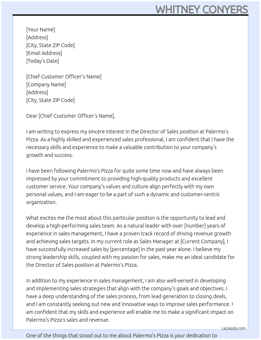 Director of Sales At Palermo's Pizza Cover Letter
