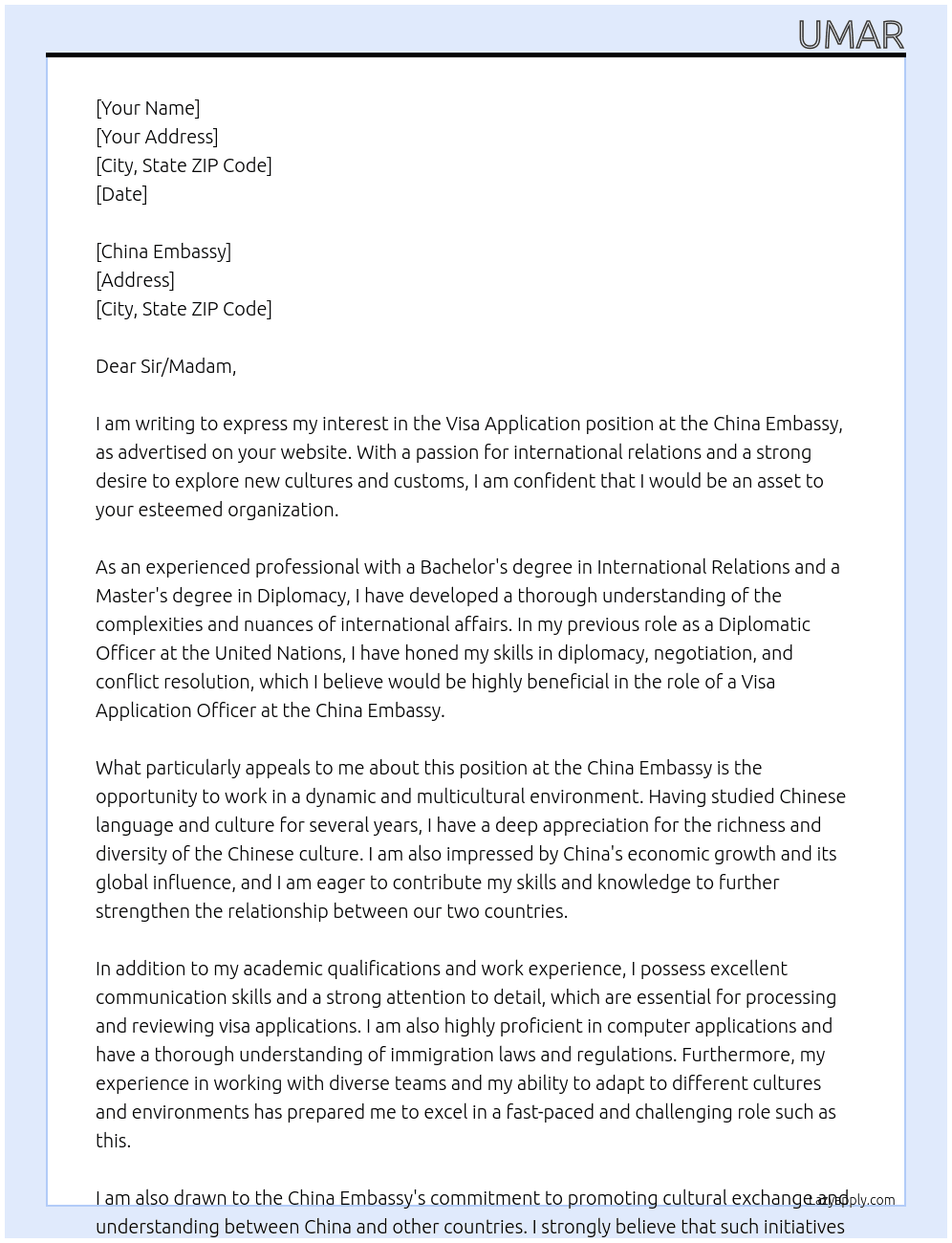 VISA APPLICATION At CHINA Cover Letter