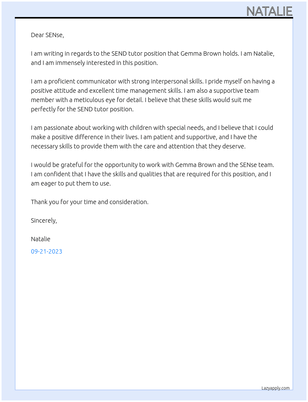 SEND tutor At SENse Cover Letter