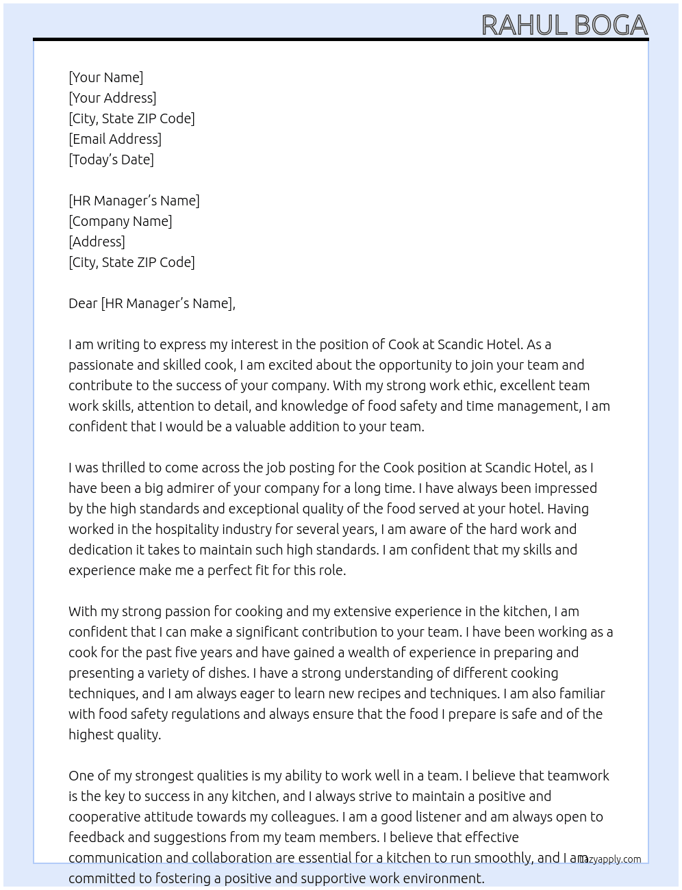 cook At scandic Hotel Cover Letter