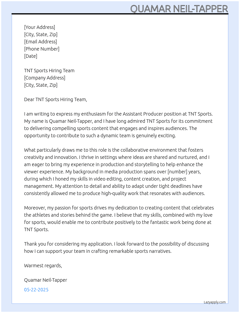 Assistant producer At TNT sports Cover Letter