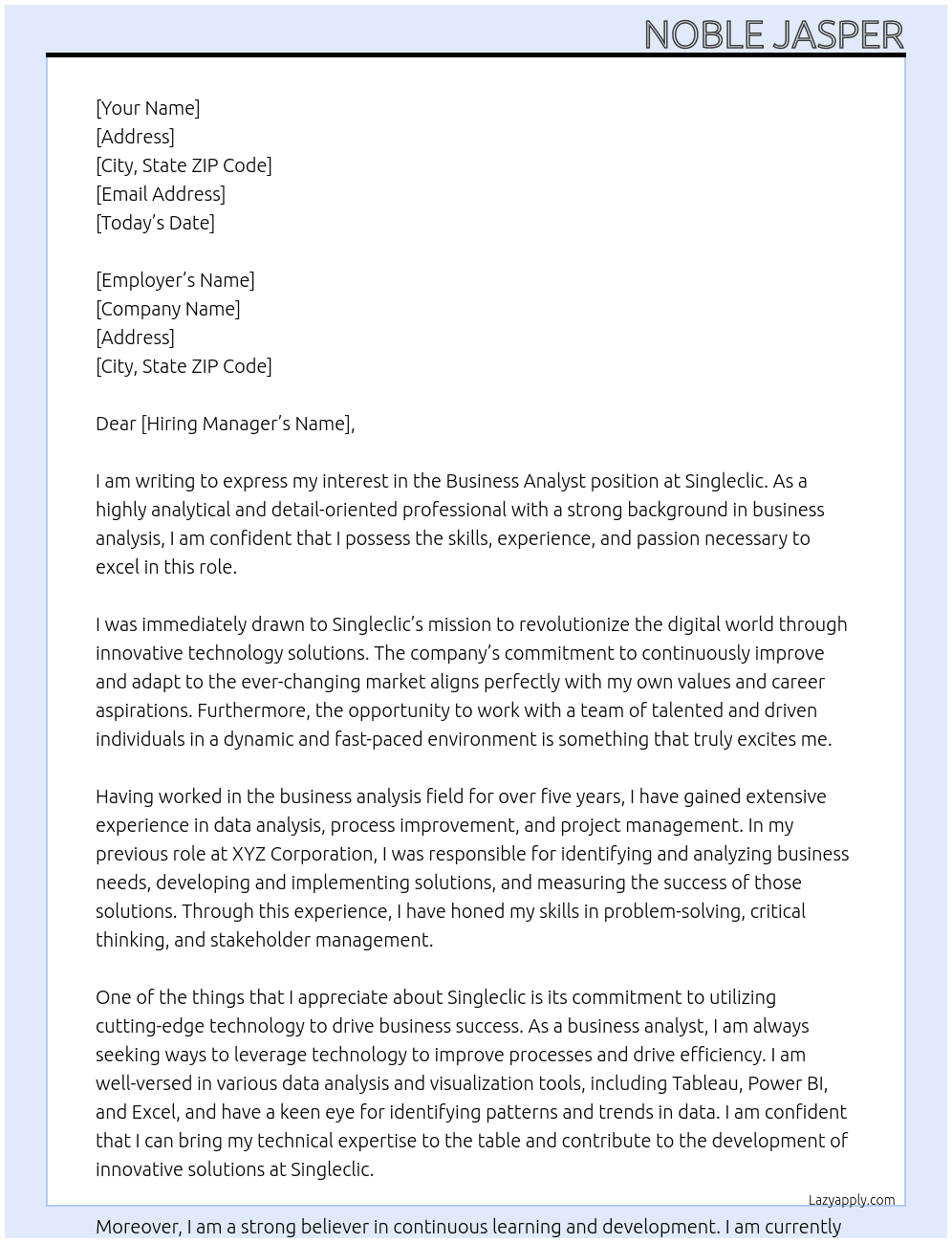 Business analyst  At Singleclic Cover Letter