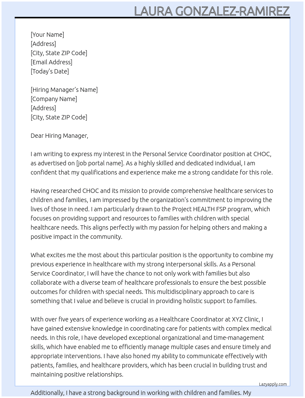 Personal Service Coordinator, Project HEALTH FSP At CHOC Cover Letter