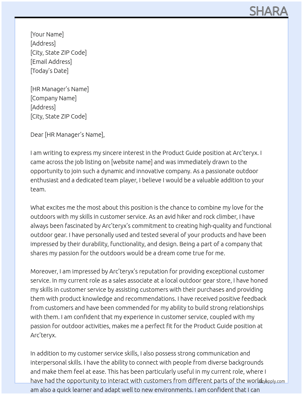 produc guide At arcteryx Cover Letter