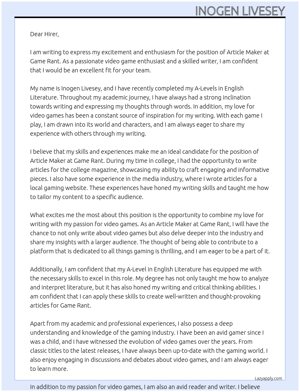 Article Maker At Game Rant Cover Letter