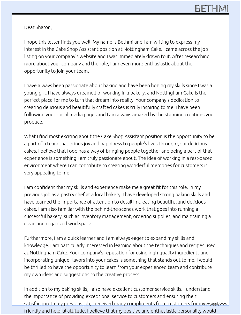 cake shop assistant At Nottingham Cake Cover Letter