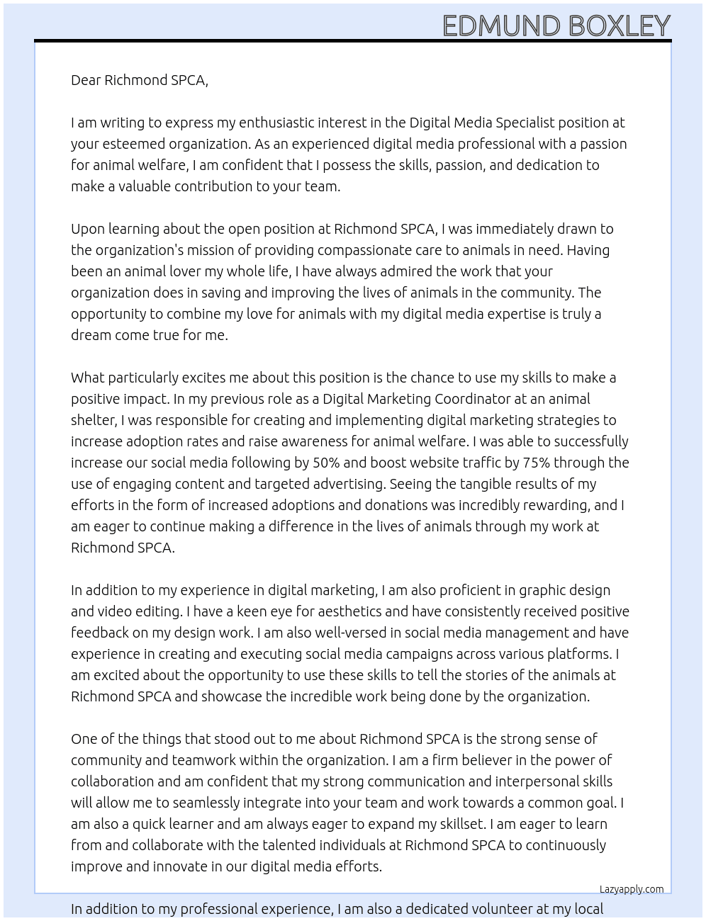 Digital Media Specialist At Richmond SPCA Cover Letter