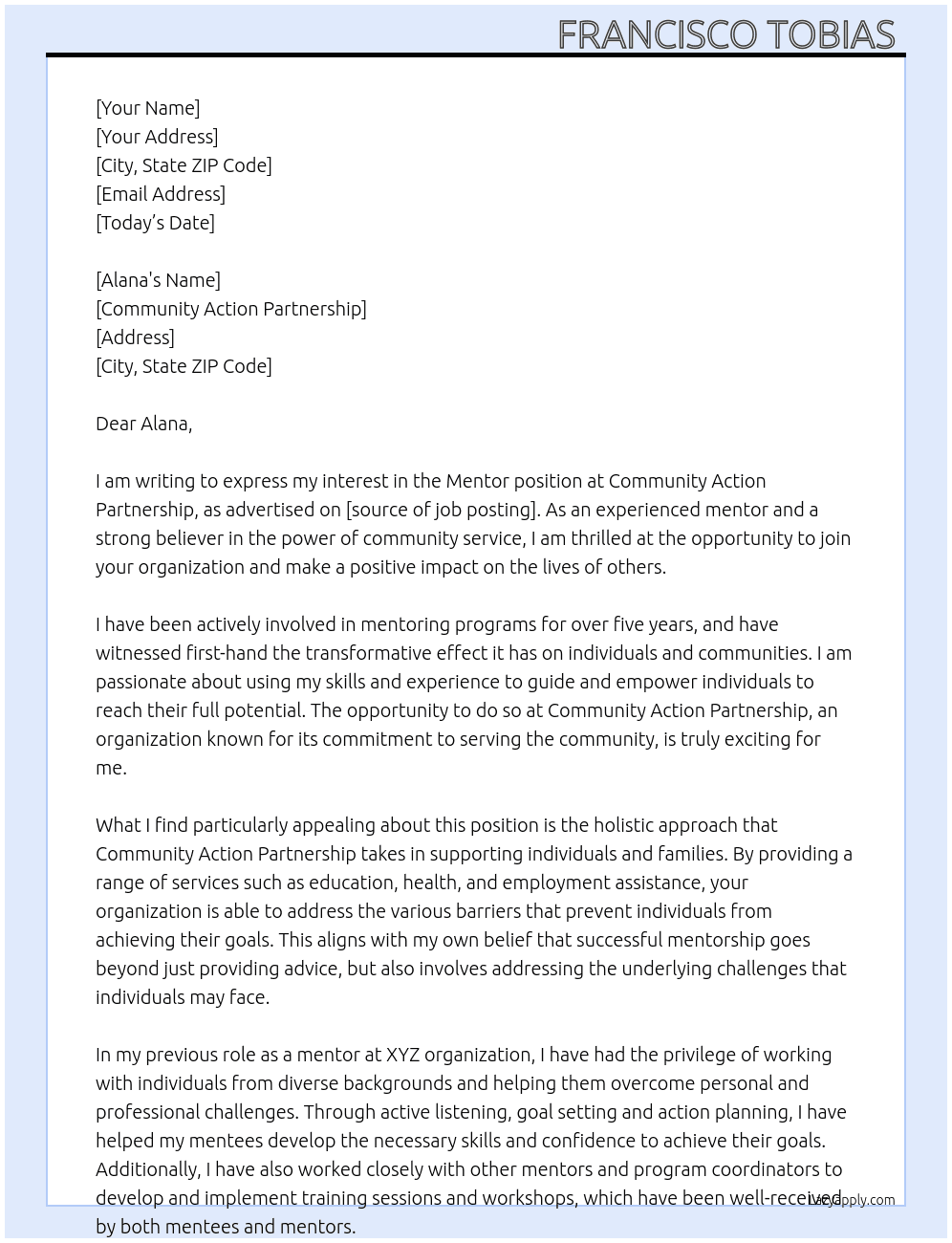 Mentor  At Community action partnership  Cover Letter