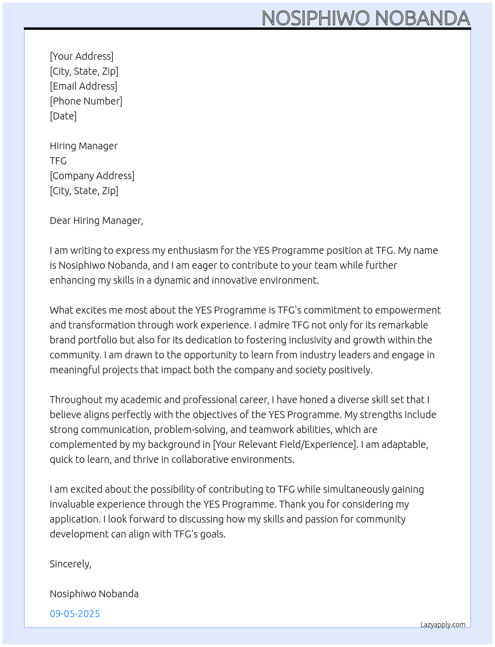 yes programm At TFG Cover Letter