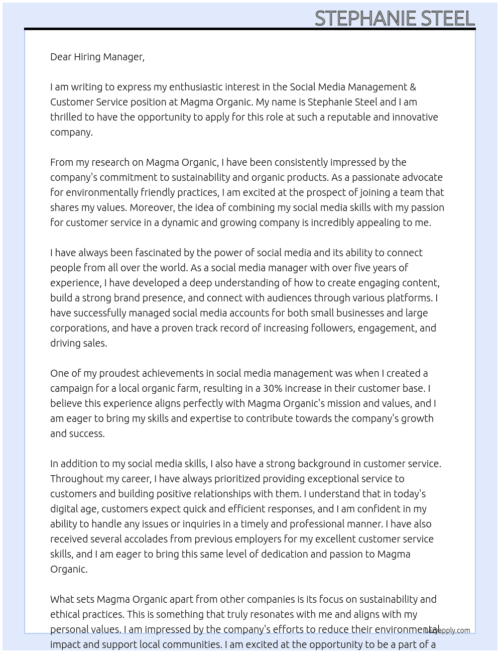 Social Media Management & Customer Service At Magma Organic Cover Letter