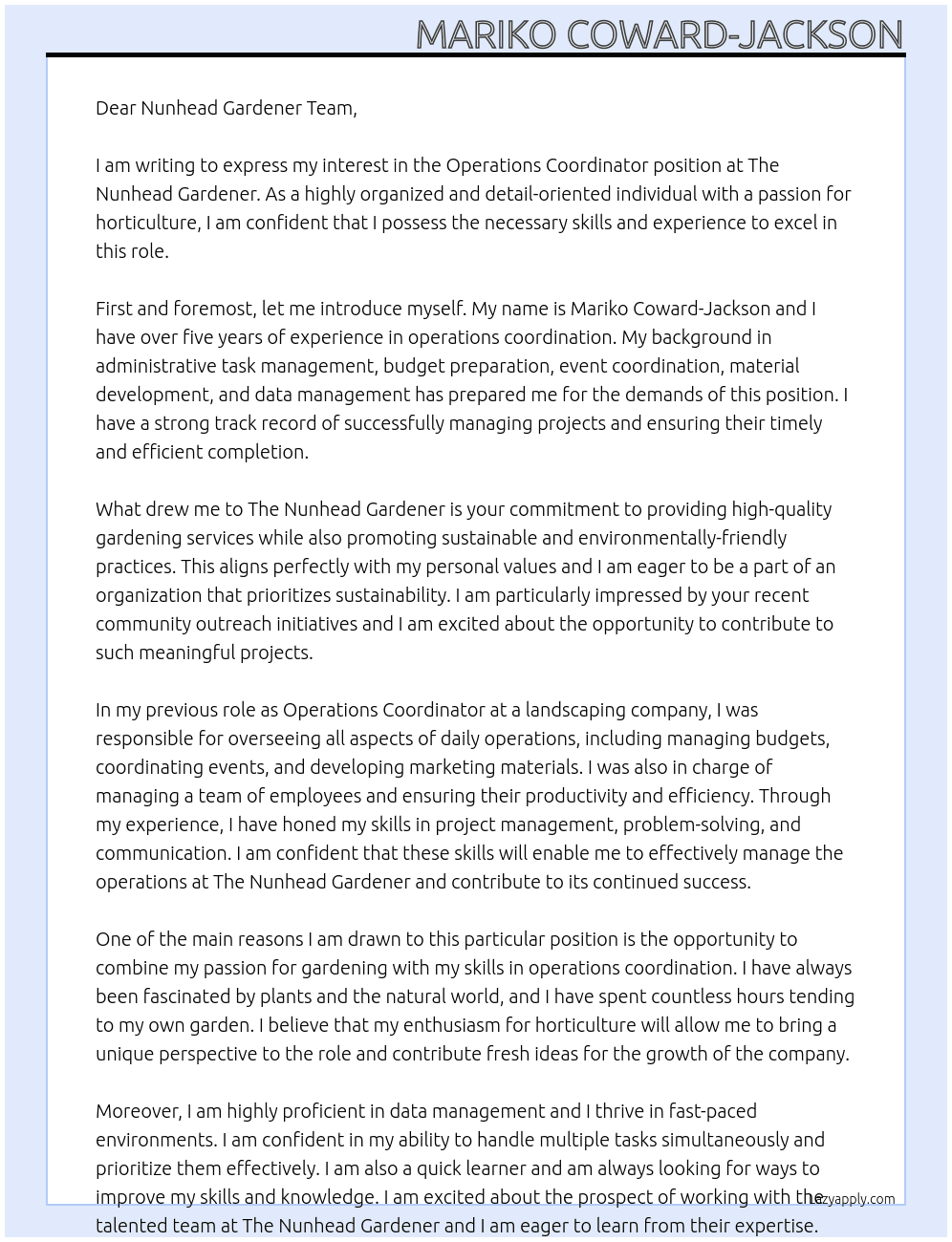 Operations Coordinator At The Nunhead Gardener  Cover Letter