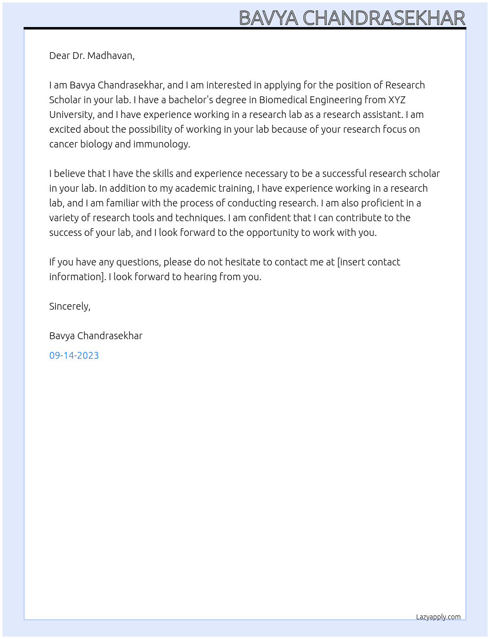 Research Scholar At Fellowship Cover Letter