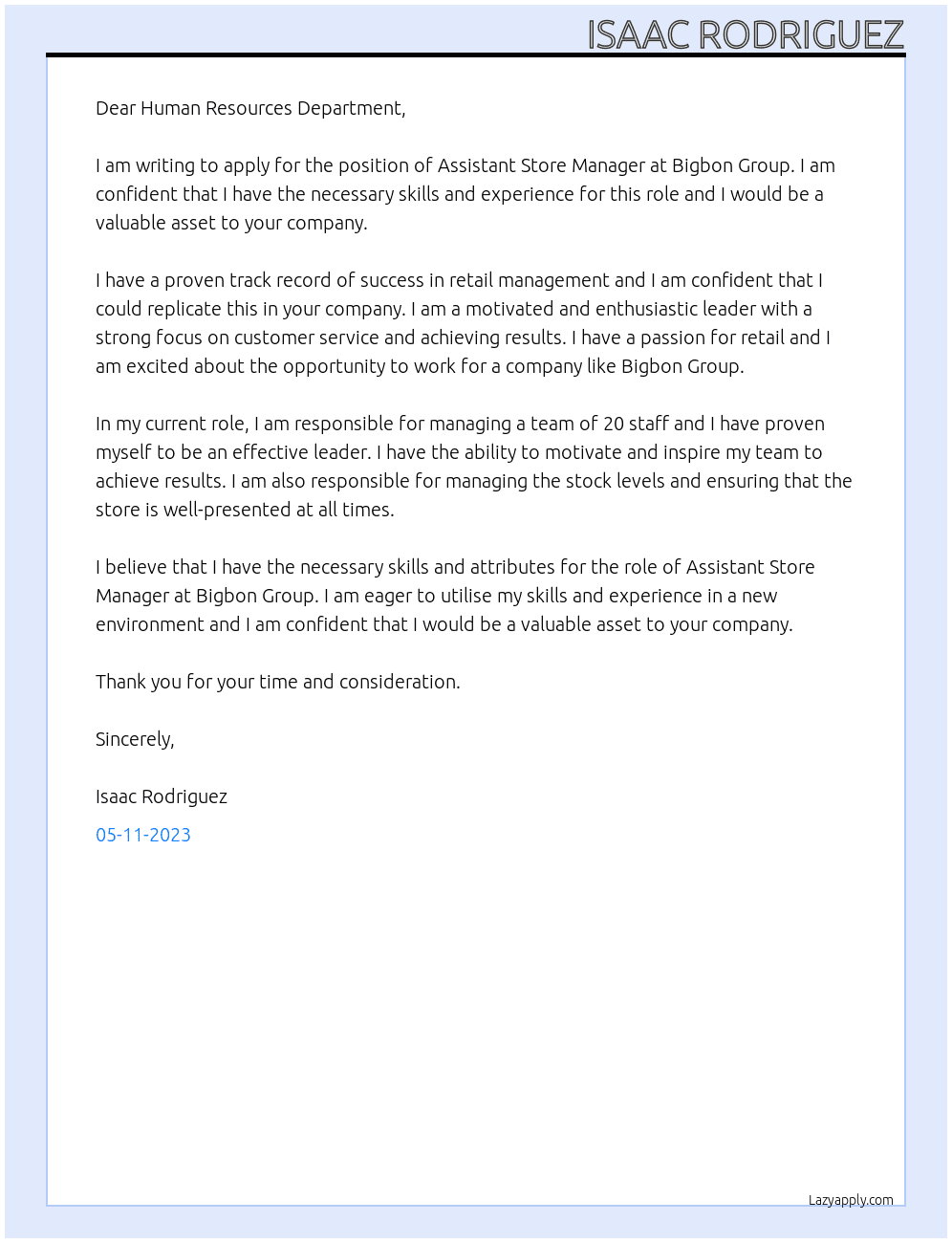 Assitant Store Manager At Bigbon Group Cover Letter