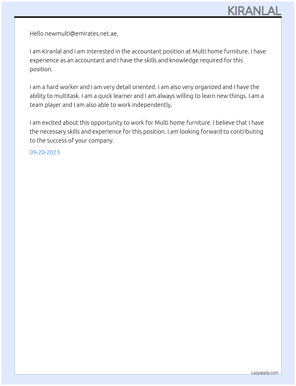 Accountant At Multi home furniture Cover Letter