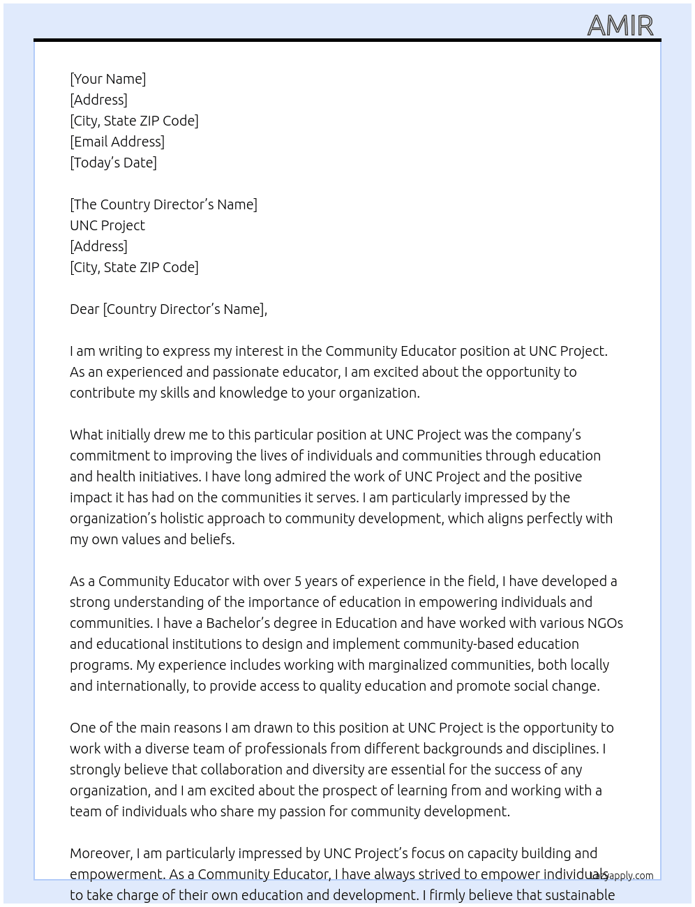 COMMUNITY EDUCATOR At UNC Project Cover Letter