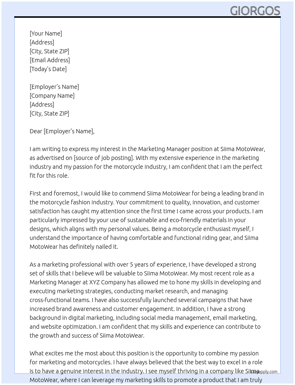marketing manager At Siima MotoWear  Cover Letter
