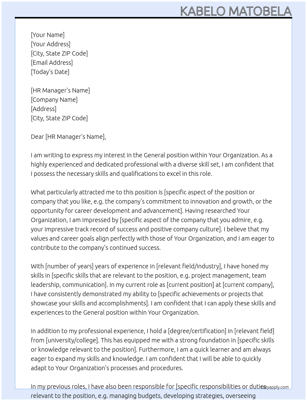 General  At Your Organization Cover Letter