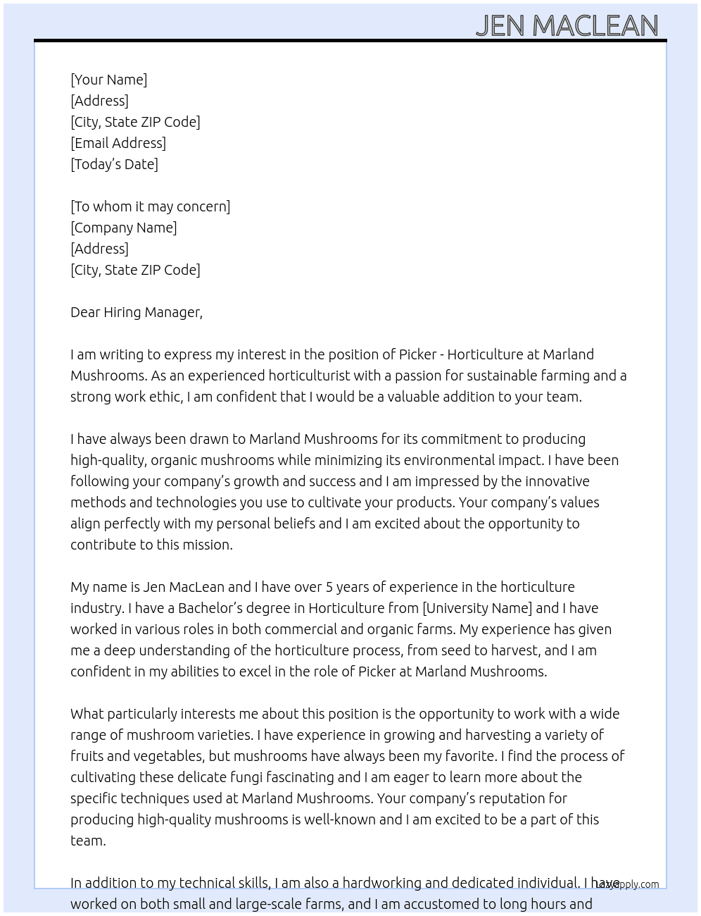 Picker - Horticulture At Marland Mushrooms Cover Letter