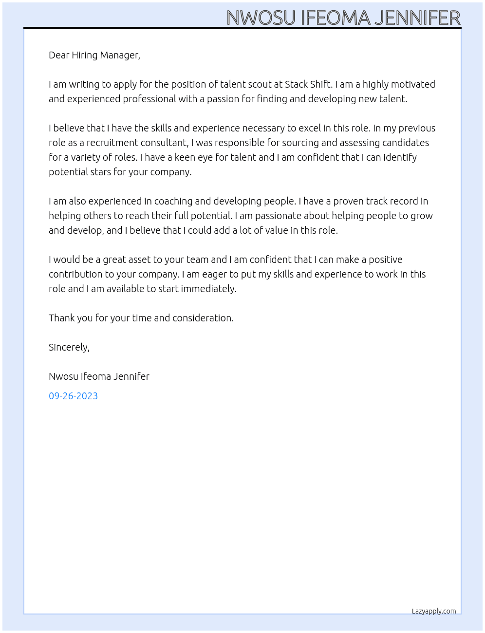 talent scout At stack shift Cover Letter