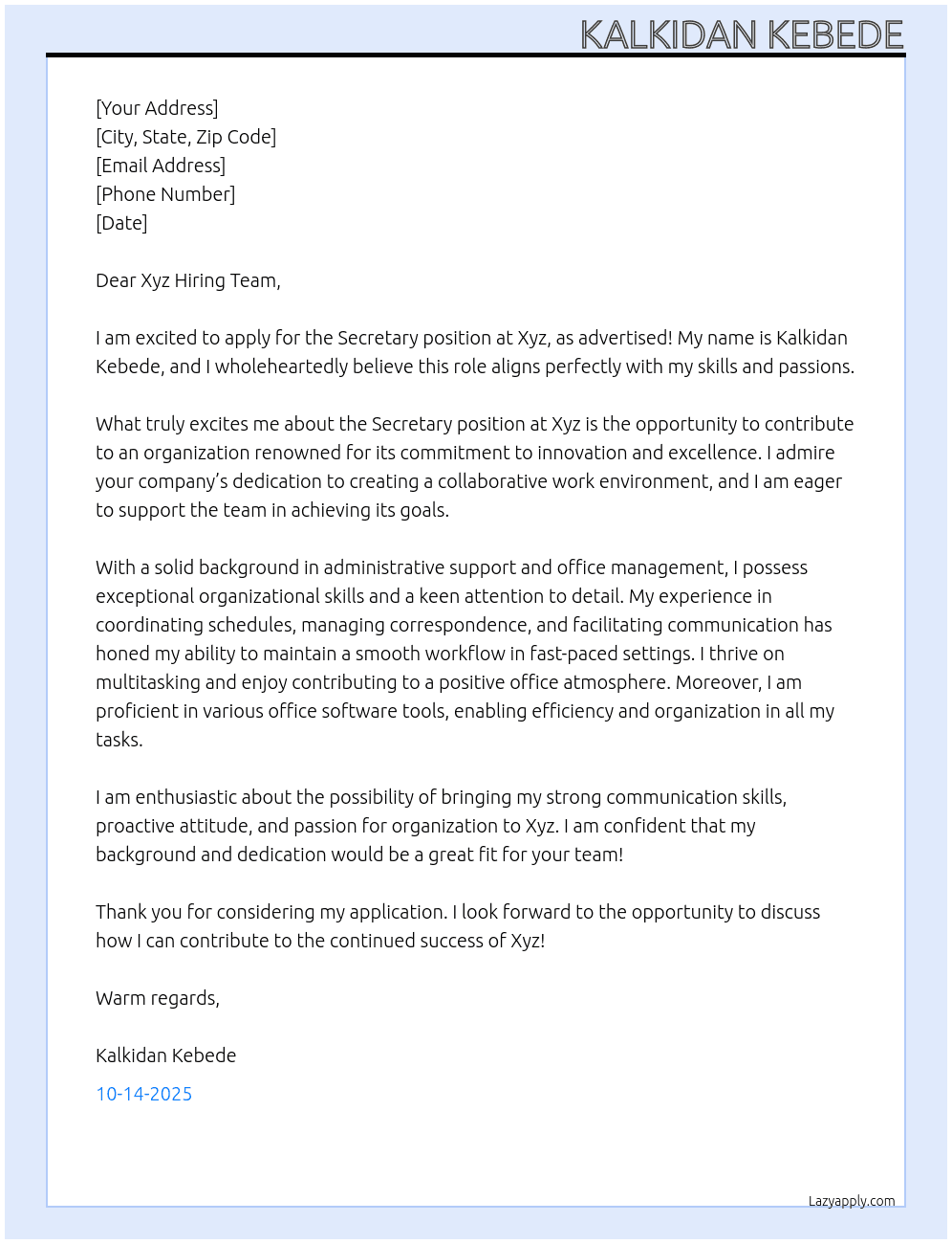 Secretary  At Xyz Cover Letter
