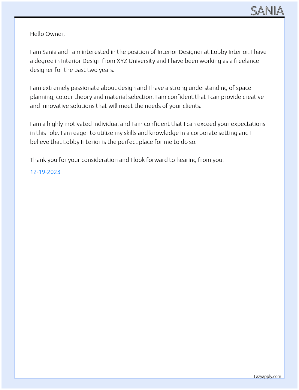 Interior Designer At  Lobby Interior Cover Letter