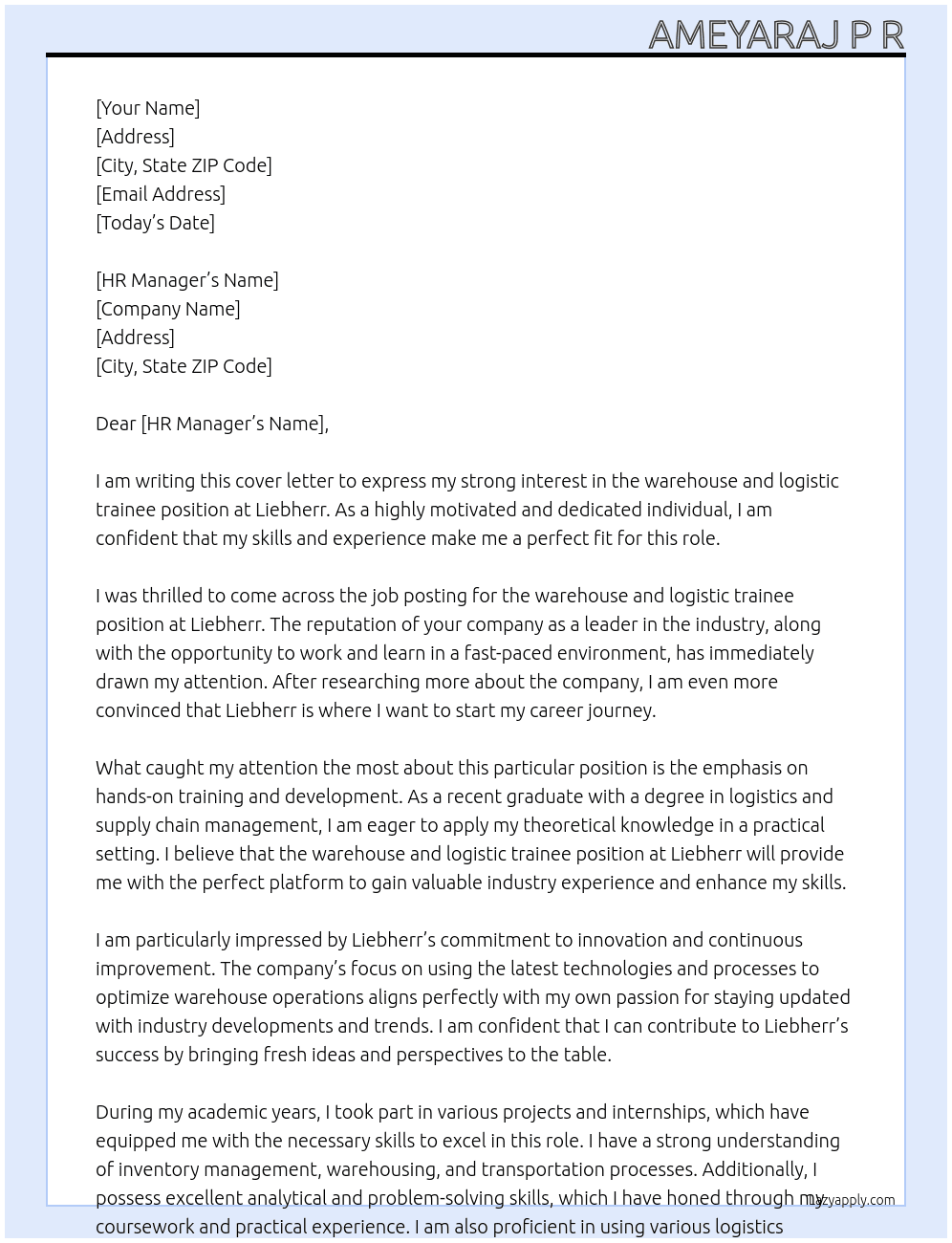 warehouse & logistic trainee At Liebherr Cover Letter