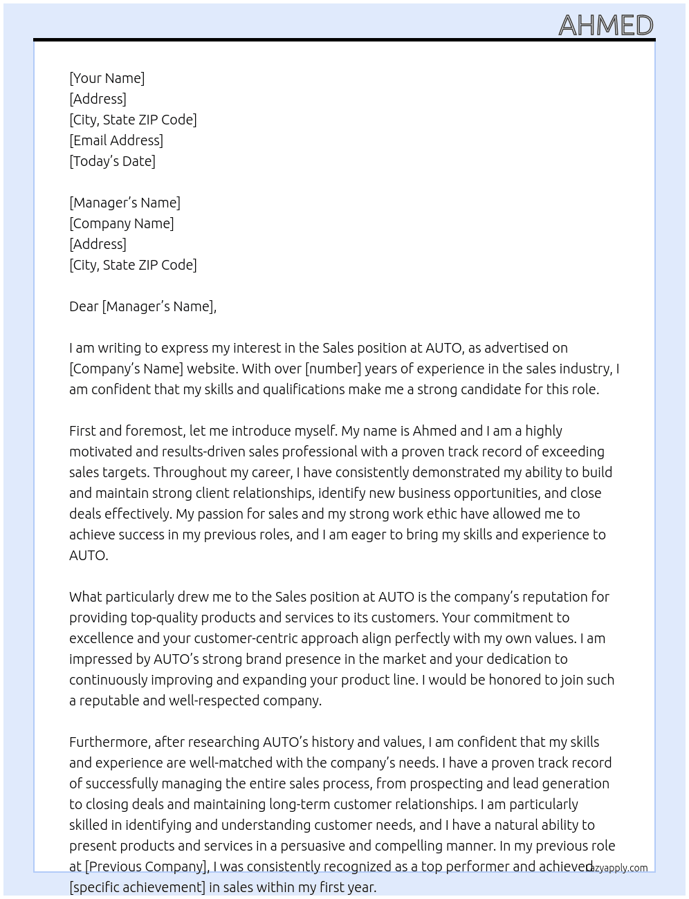 SALES At AUTO Cover Letter