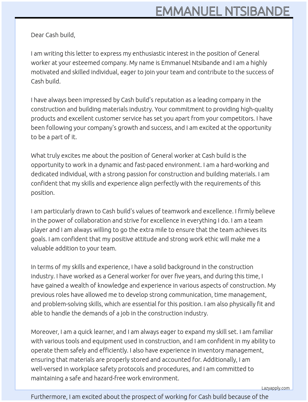 General worker At Cash build  Cover Letter