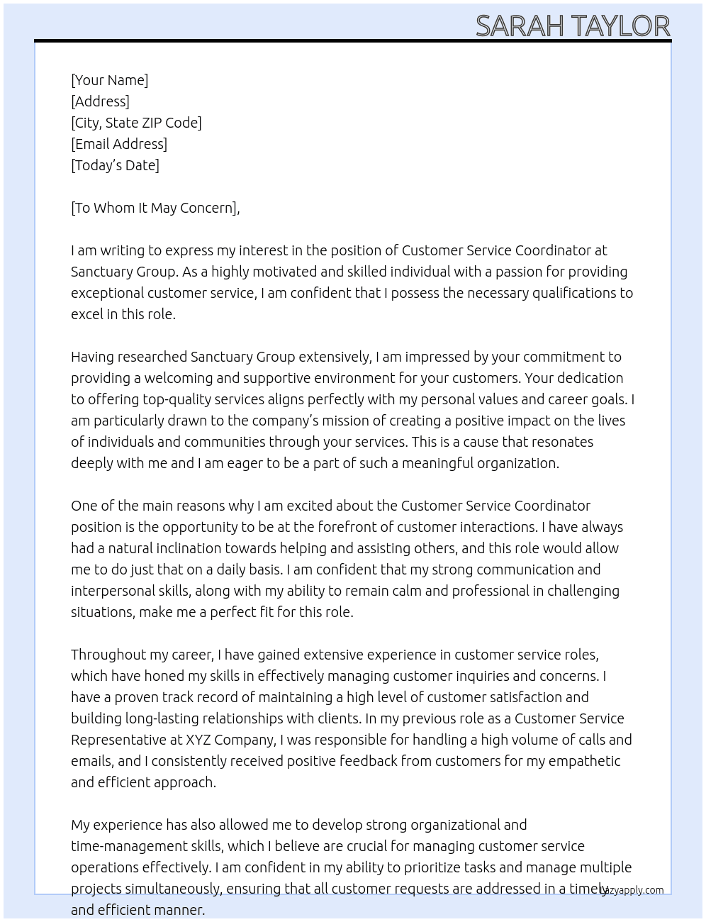 customer service coordinator  At santuary Group Cover Letter