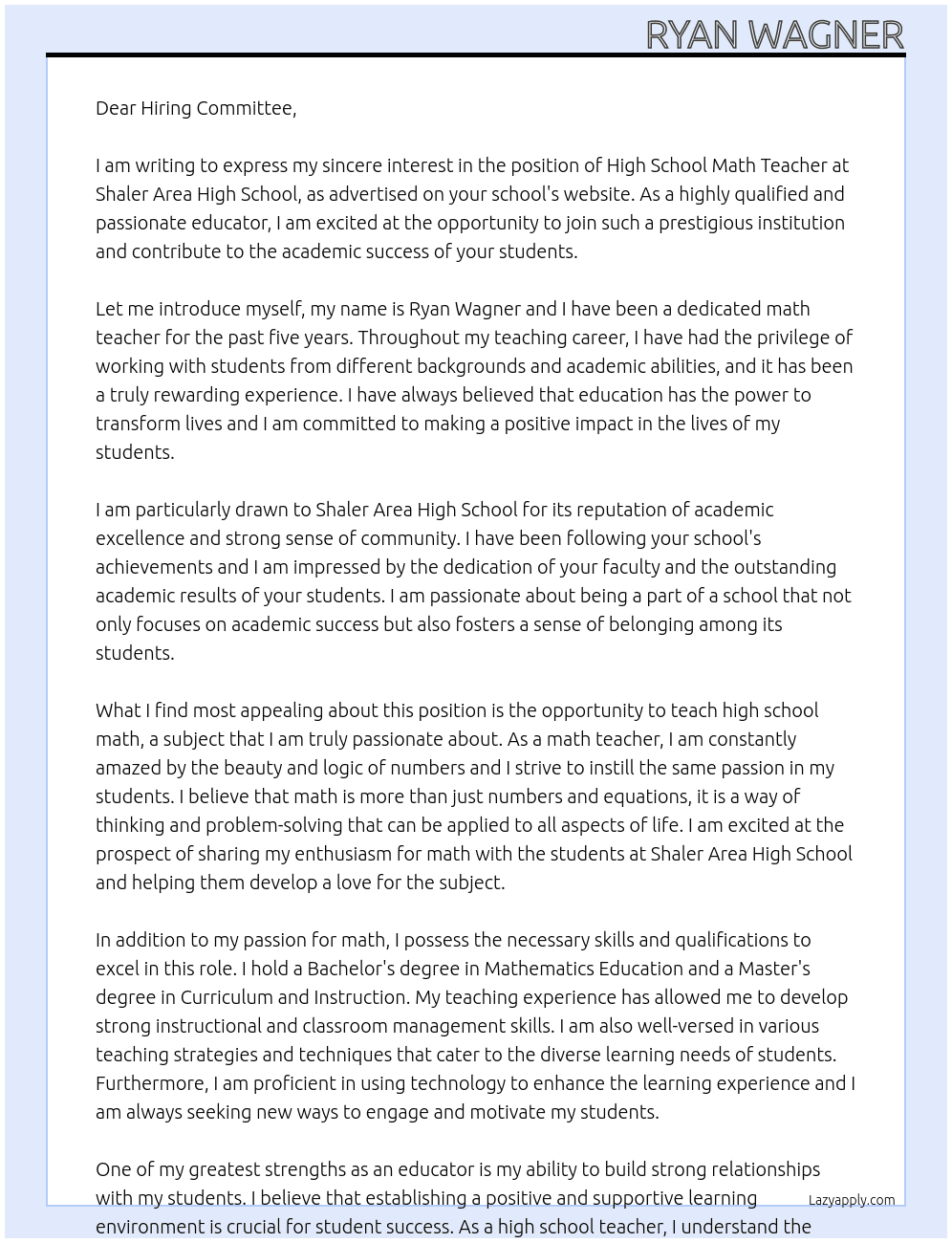 High School Math Teacher At Shaler Area High School Cover Letter