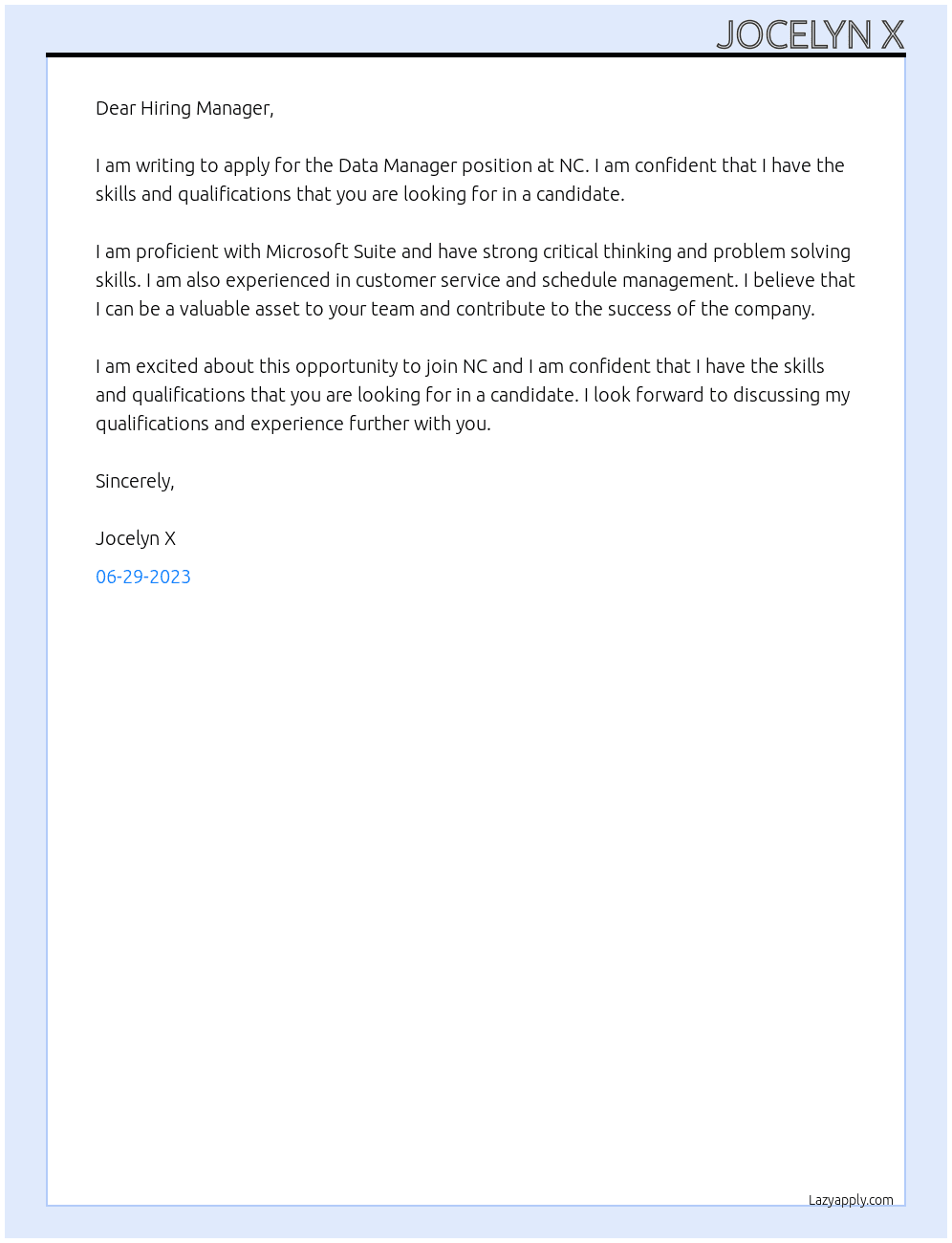 Data Managr At NC Cover Letter