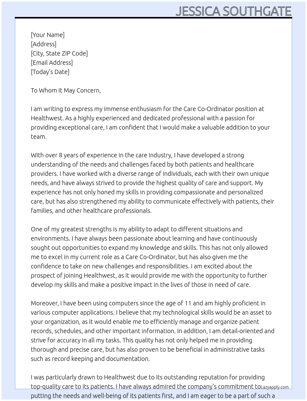 Care Co-Ordinater At Healthwest Cover Letter