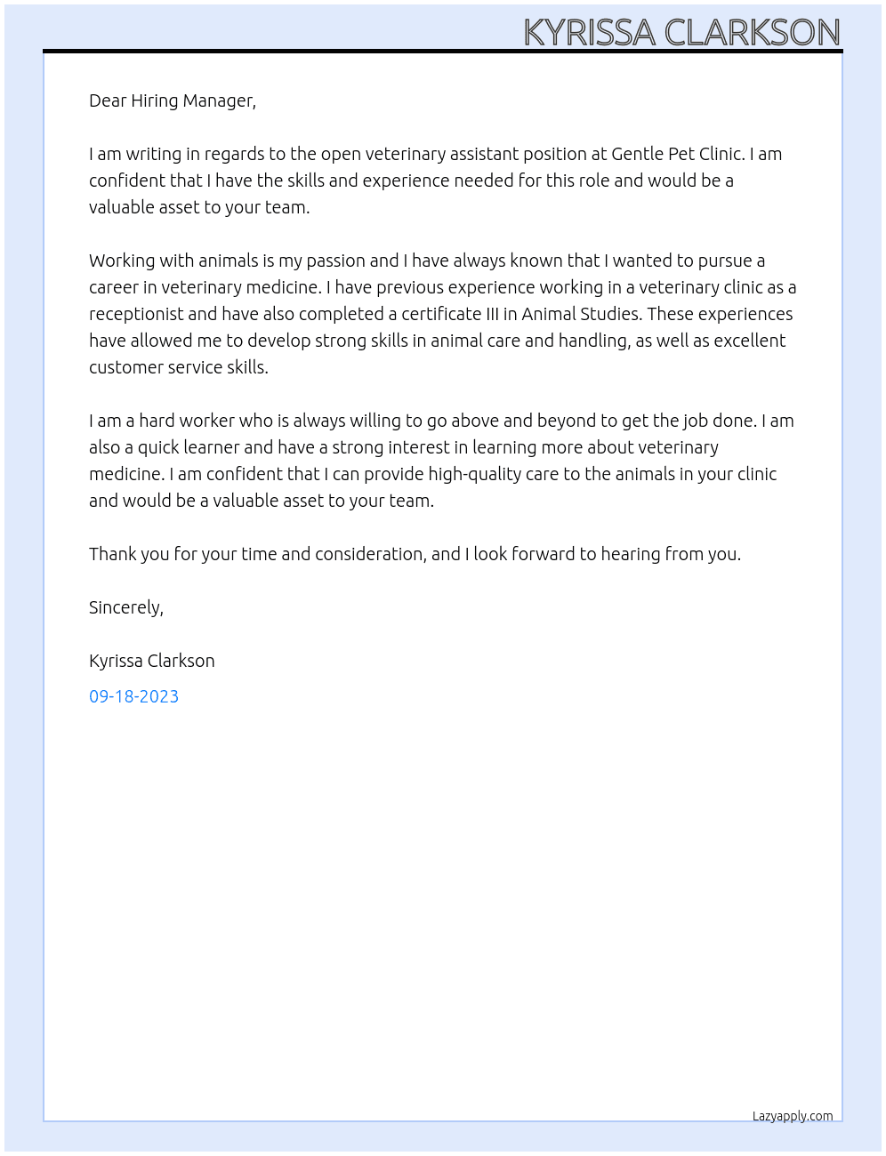 vet assistant At Gentle Pet clinci Cover Letter