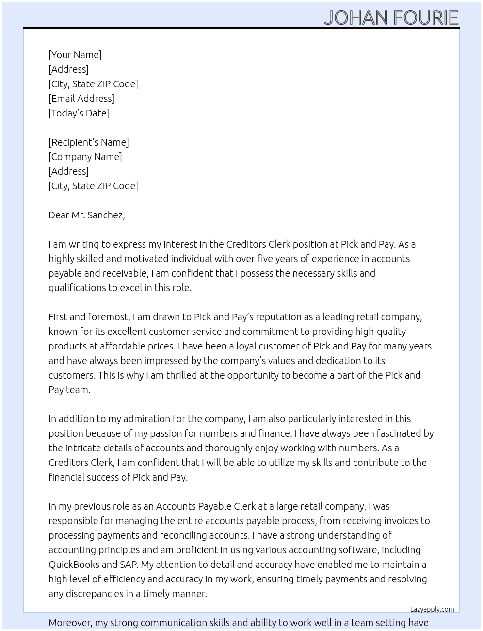 Creditors Clerk At Pick and Pay Cover Letter