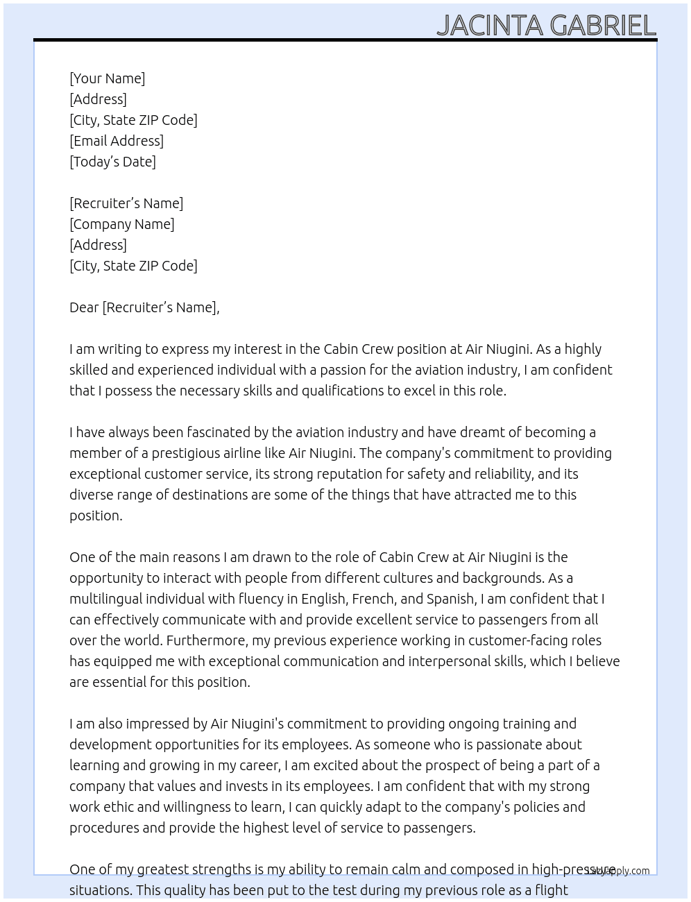 Cabin Crew  At Air Niugini  Cover Letter