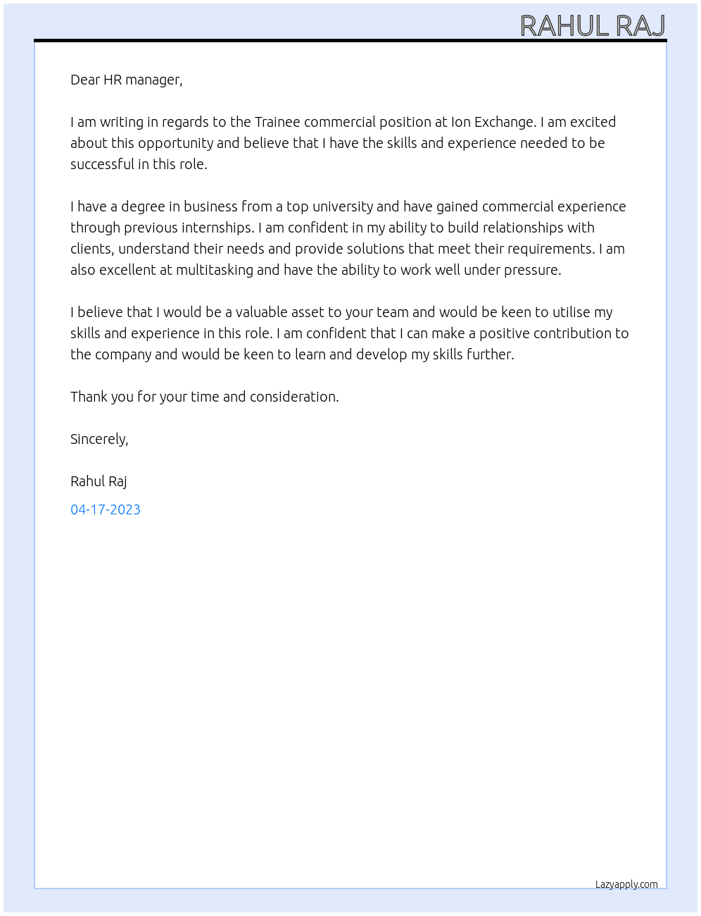 Trainee commercial  At Ion Exchange  Cover Letter