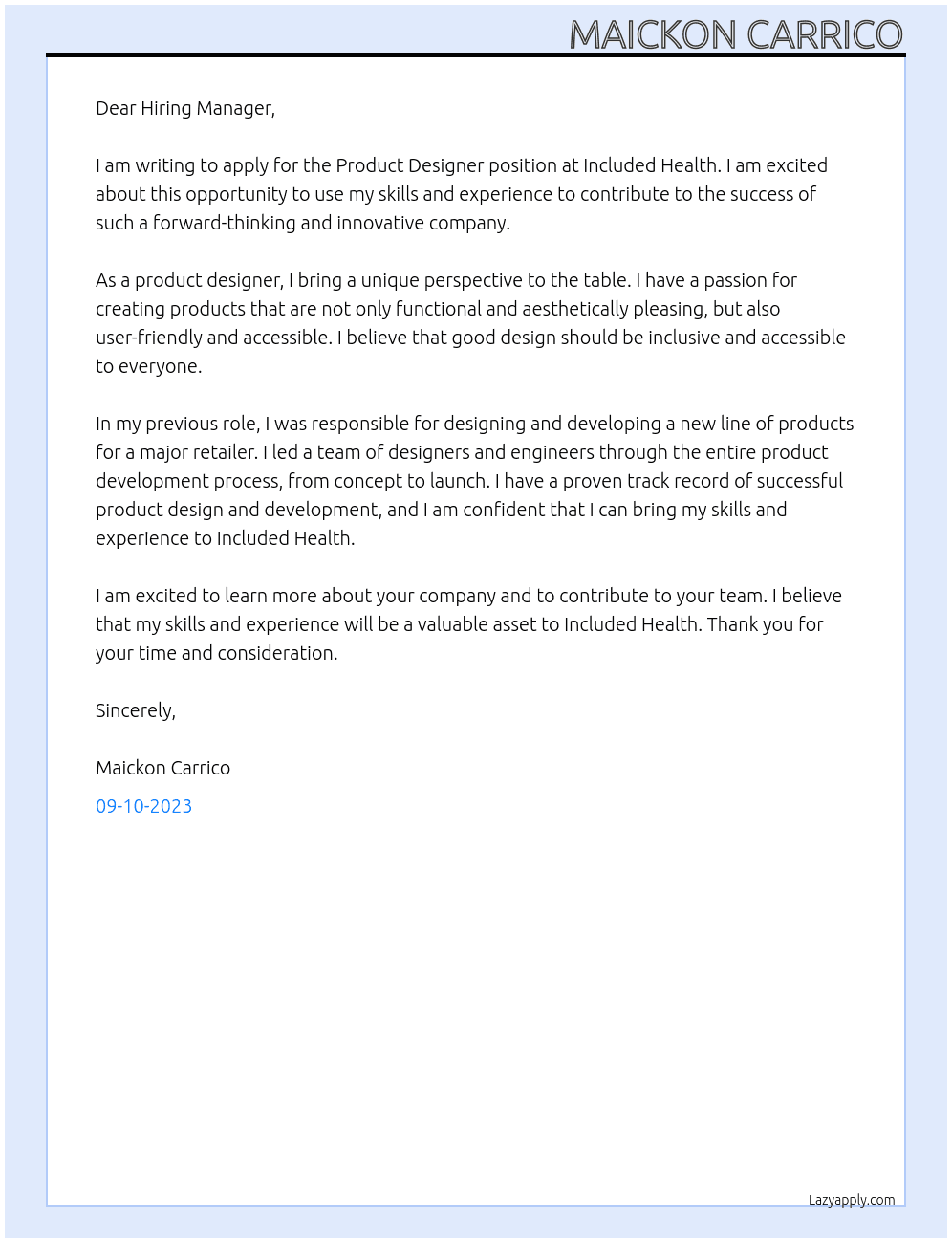 Product Designer At Included Health Cover Letter