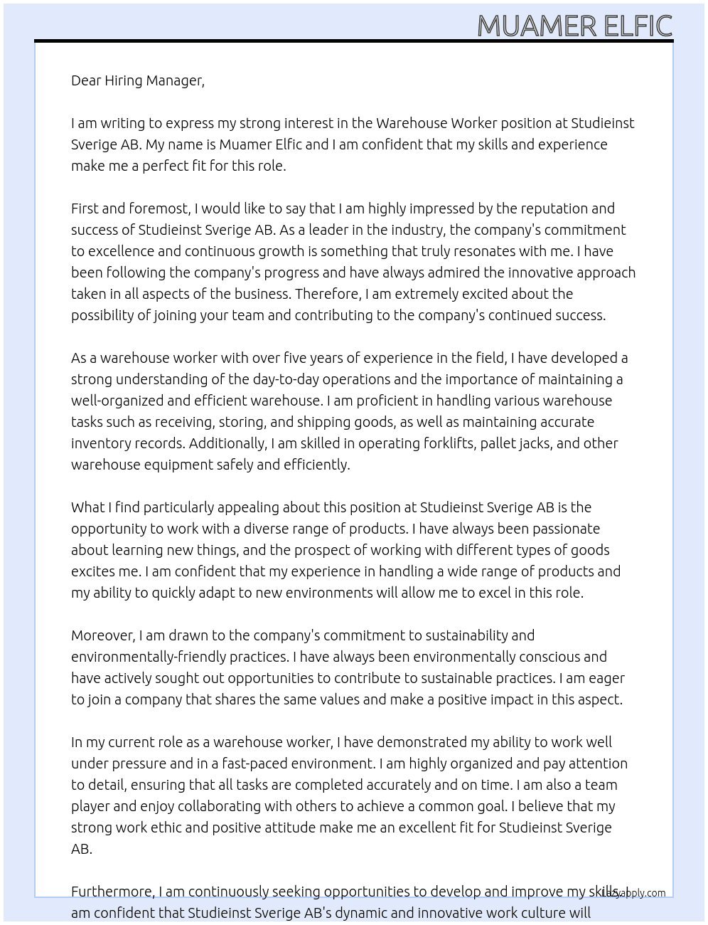 Warehouse worker At Studieinst Sverige AB Cover Letter