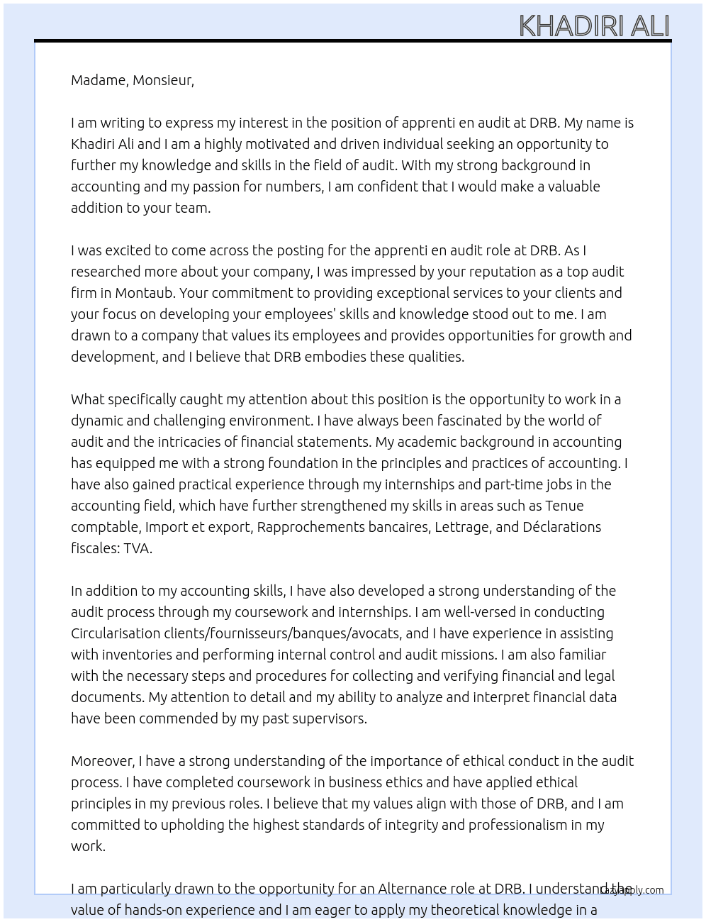apprenti en audit At DRB Cover Letter