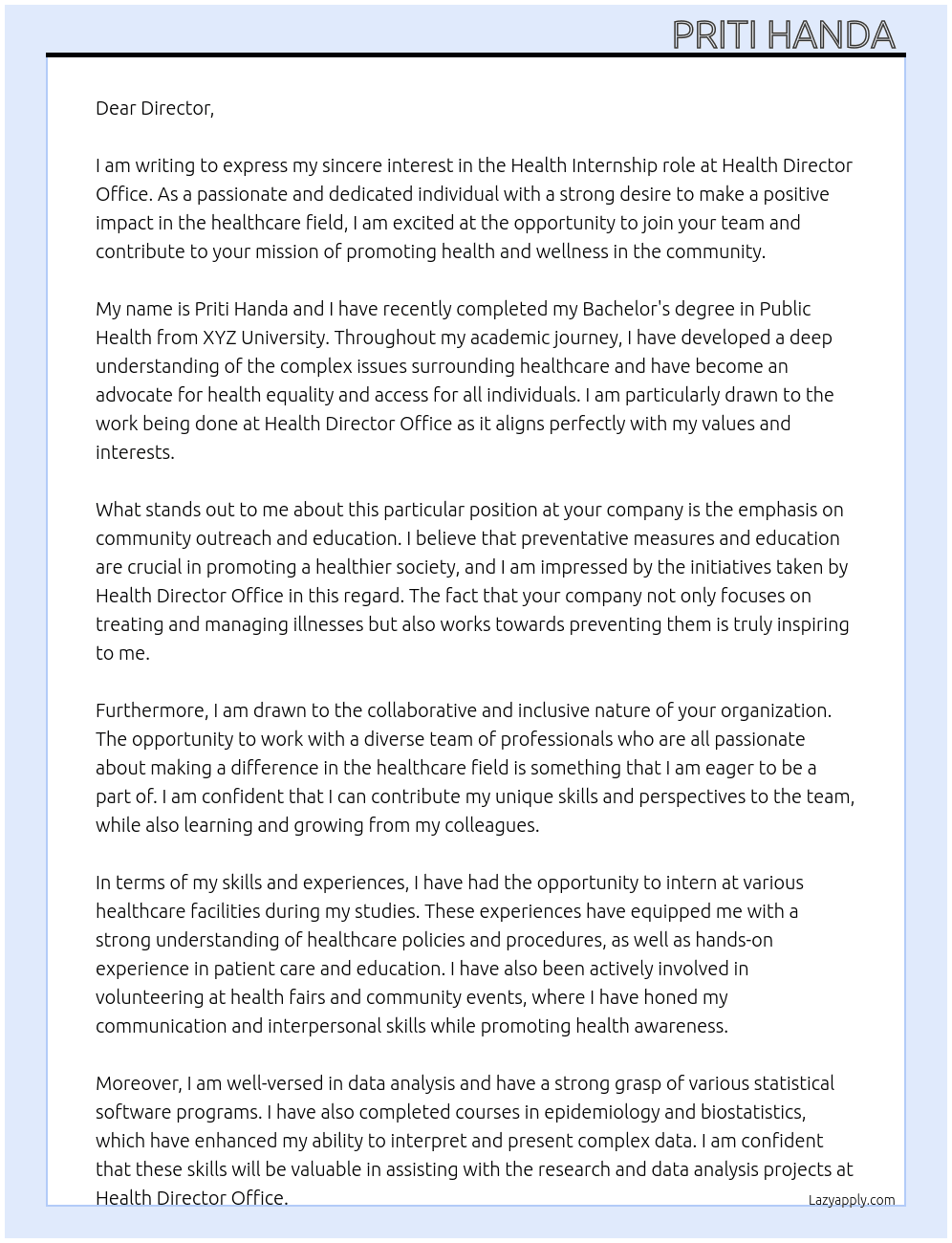Health  At Health director office  Cover Letter