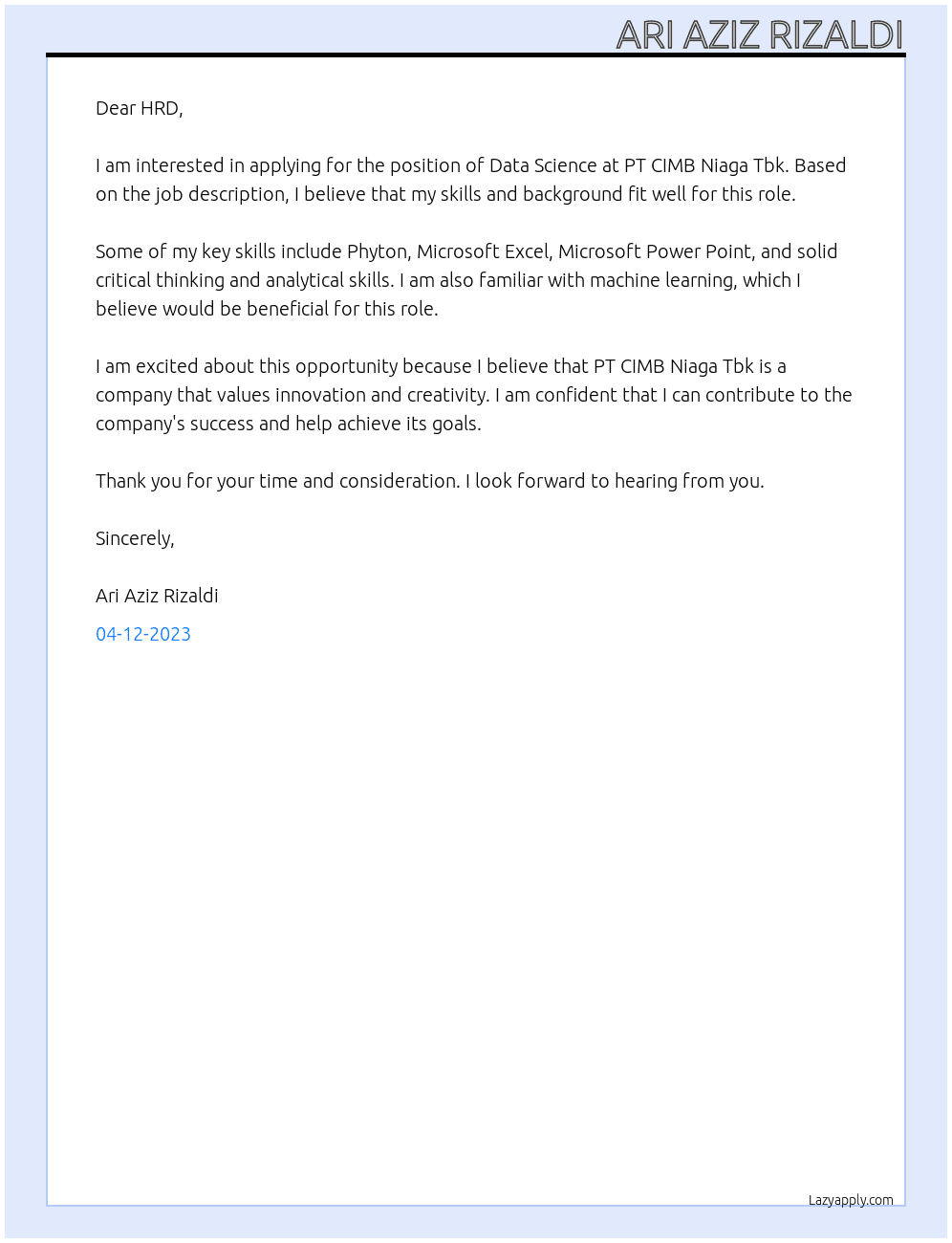 Data Science At PT CIMB Niaga Tbk Cover Letter