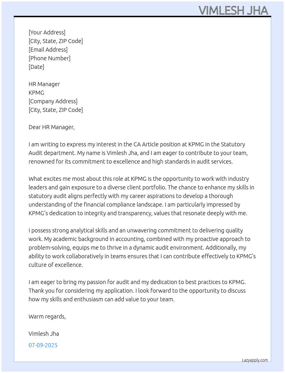 Ca article  At KPMG Cover Letter