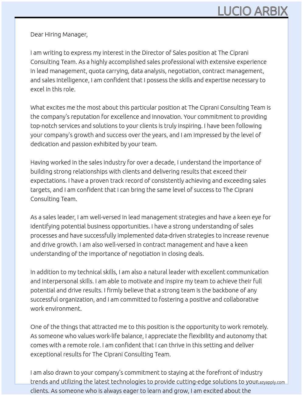 Director of Sales At The Ciprani Consulting Team Cover Letter